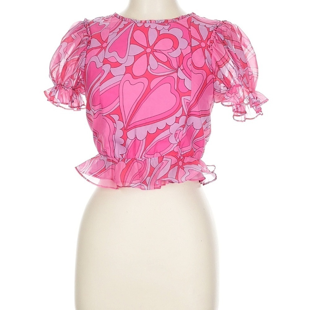 Show Me Your Mumu Pink Valentines Heart Print Daiquiri Peplum Blouse M